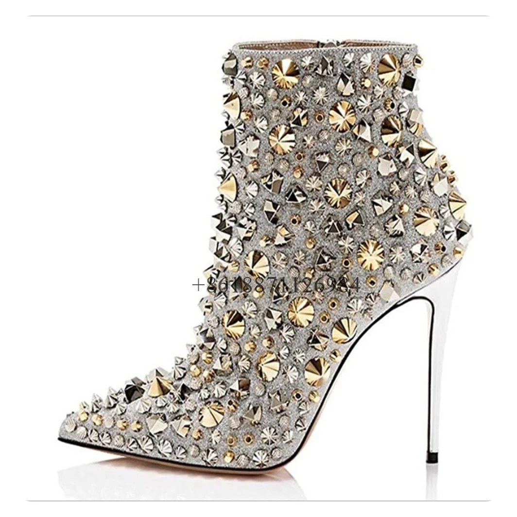 Bling Rhinestone Pointed Toe Ankle Women Boots With Rivet Metal Stiletto High Heels Side Zipper Design Large Size Shoes