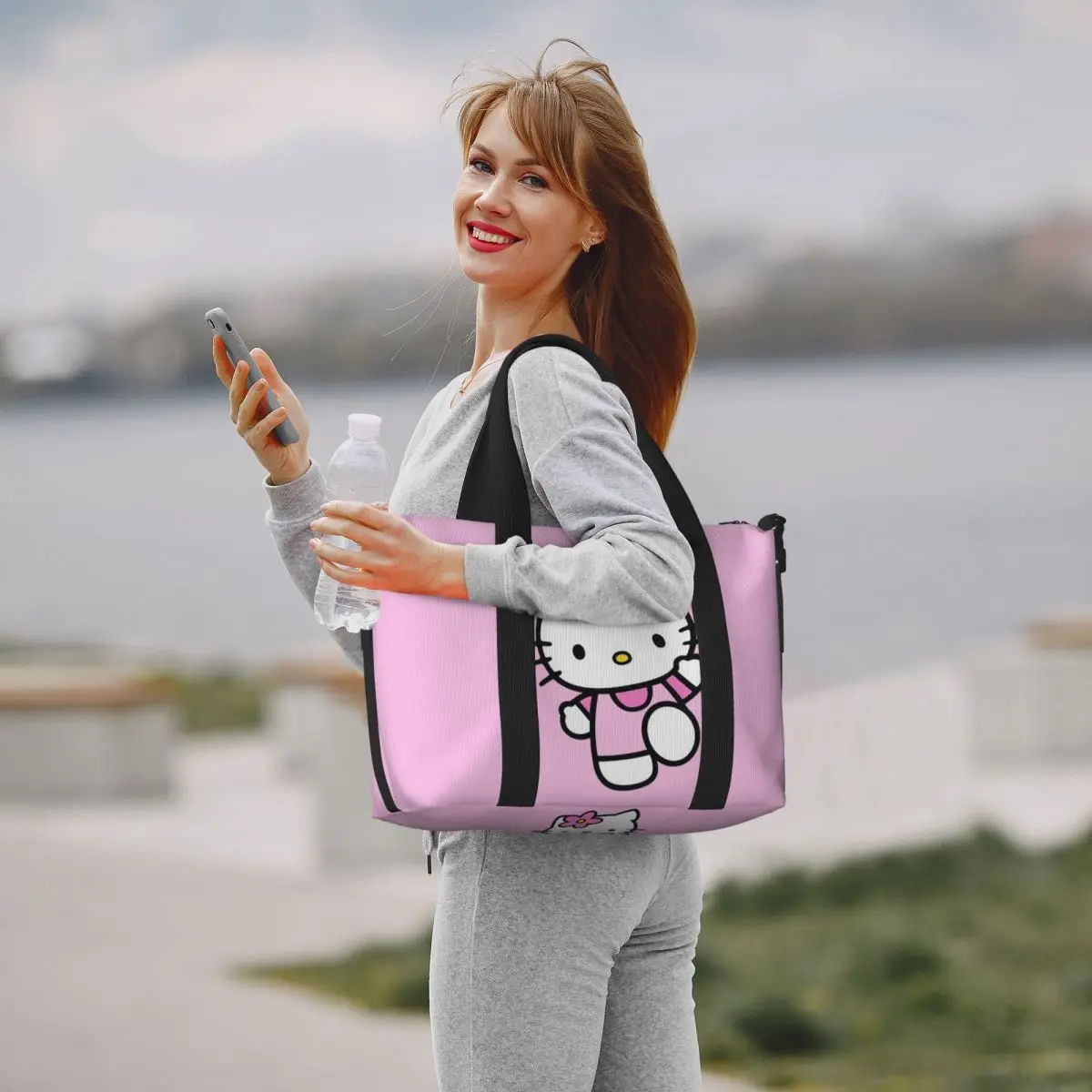 Custom Large Hello Kitty Cartoon Tote Bag for Women Kitty White Shoulder Shopping Beach Gym Travel Bag