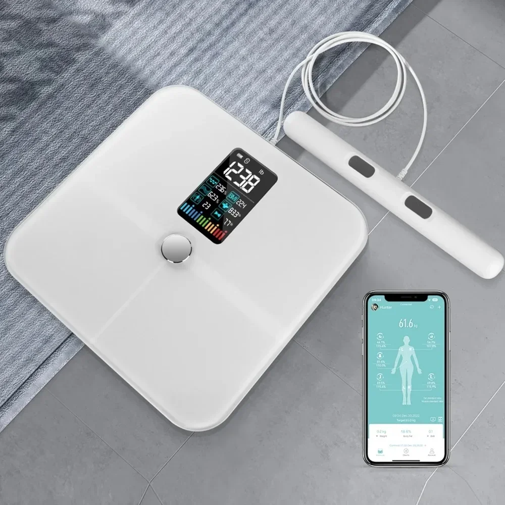 Báscula de grasa corporal BMI de 8 electrodos, peso Digital electrónico de bioimpedancia inteligente BIA con aplicación de Fitness, BMI, carga USB de frecuencia cardíaca