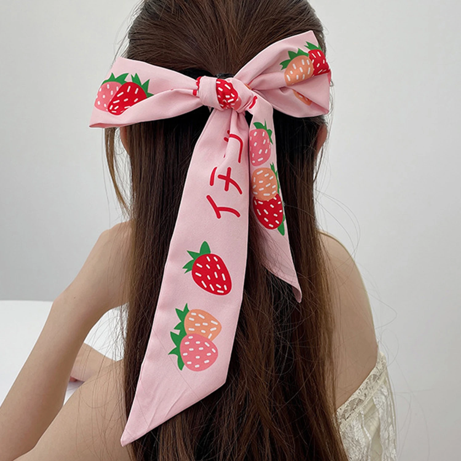 1 Pc Silk Long Scarf Women Fruit Print Luxury Hairband Narrow Scarves Small Neckerchief Summer Headband Ribbons Female