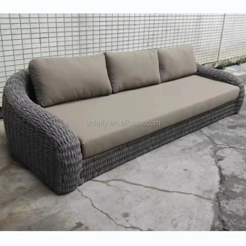 Modern all weather outdoor furniture sofa set garden cane  low-slung seat sloping arms wooden feet wicker  