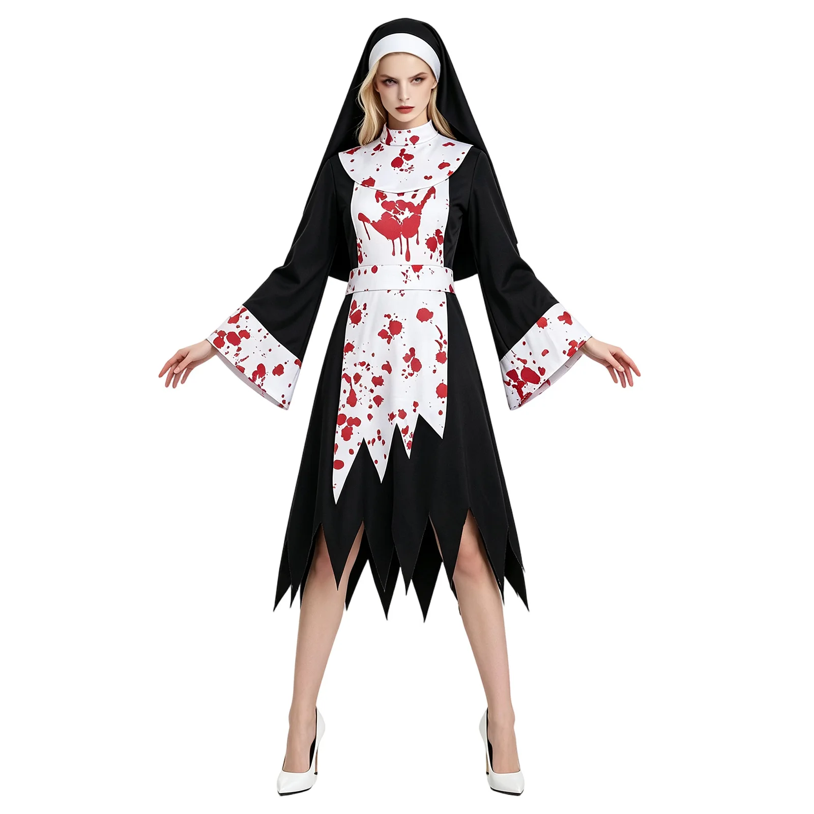 Horror Bloody Alice Cosplay Maid Dress, Zombie Vampire Nurse Nun Costume, Scary Halloween Party Performance Fancy Outfit view 2