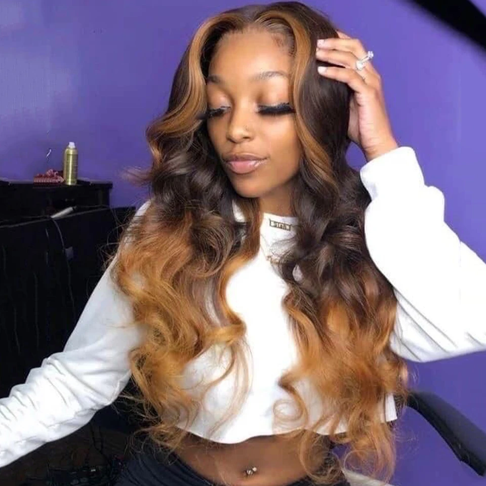 Ombre Brown Colored Body Wave Hairstyle Human Hair Wigs For Black Women Brazilian Pre-Plucked 4x4 Lace Closure Wig Bleach Knots