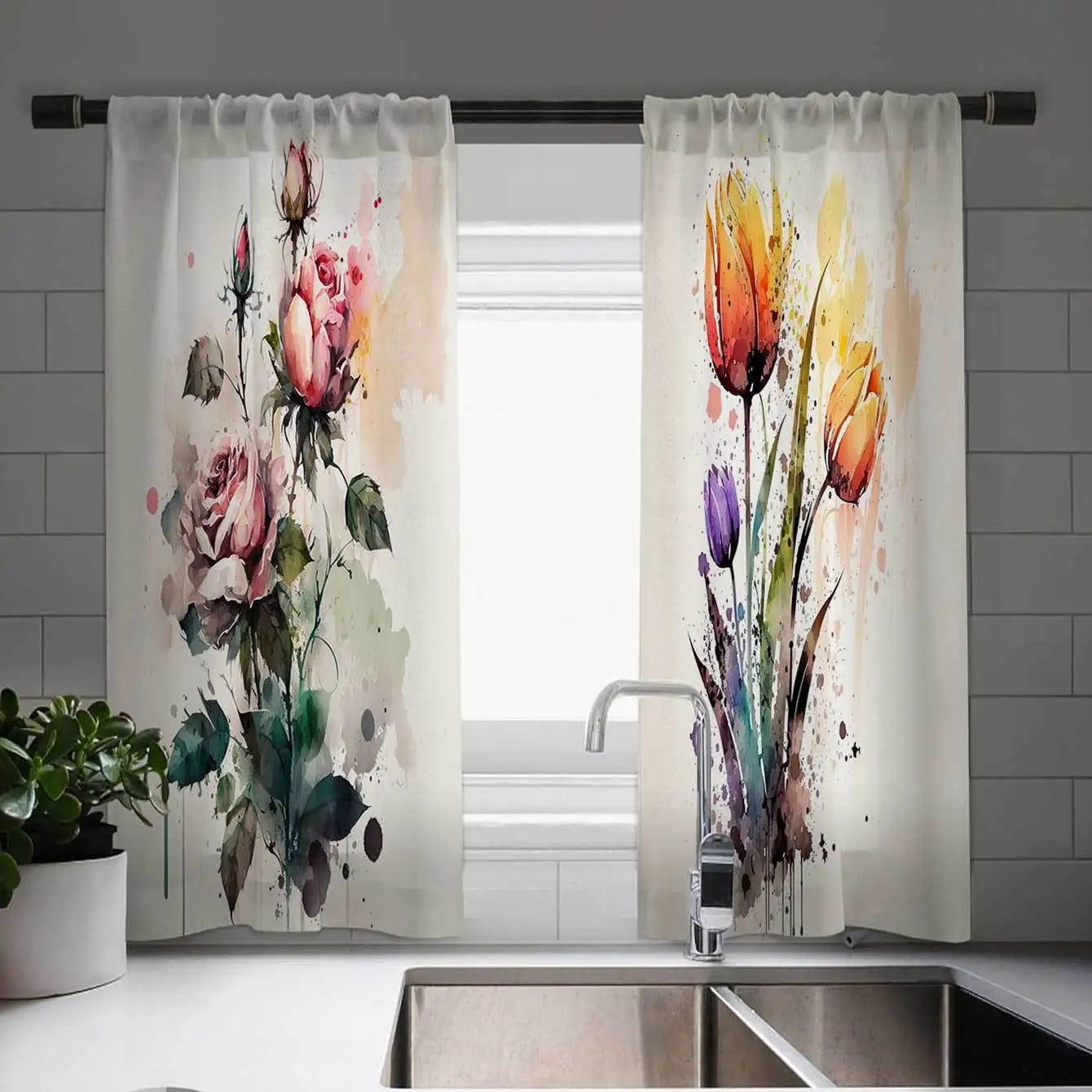 2 Panel Tulip Flower Print Curtain Flamingo Curtain Sunflower Curtain for Bedroom Living Room Kitchen Window Grommet Top cortina