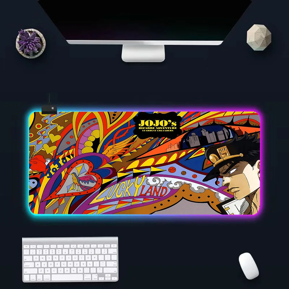 JoJos Bizarre Adventure RGB Pc Gamer Keyboard Mouse Pad Mousepad LED Glowing Mouse Mats Rubber Gaming Computer Mausepad