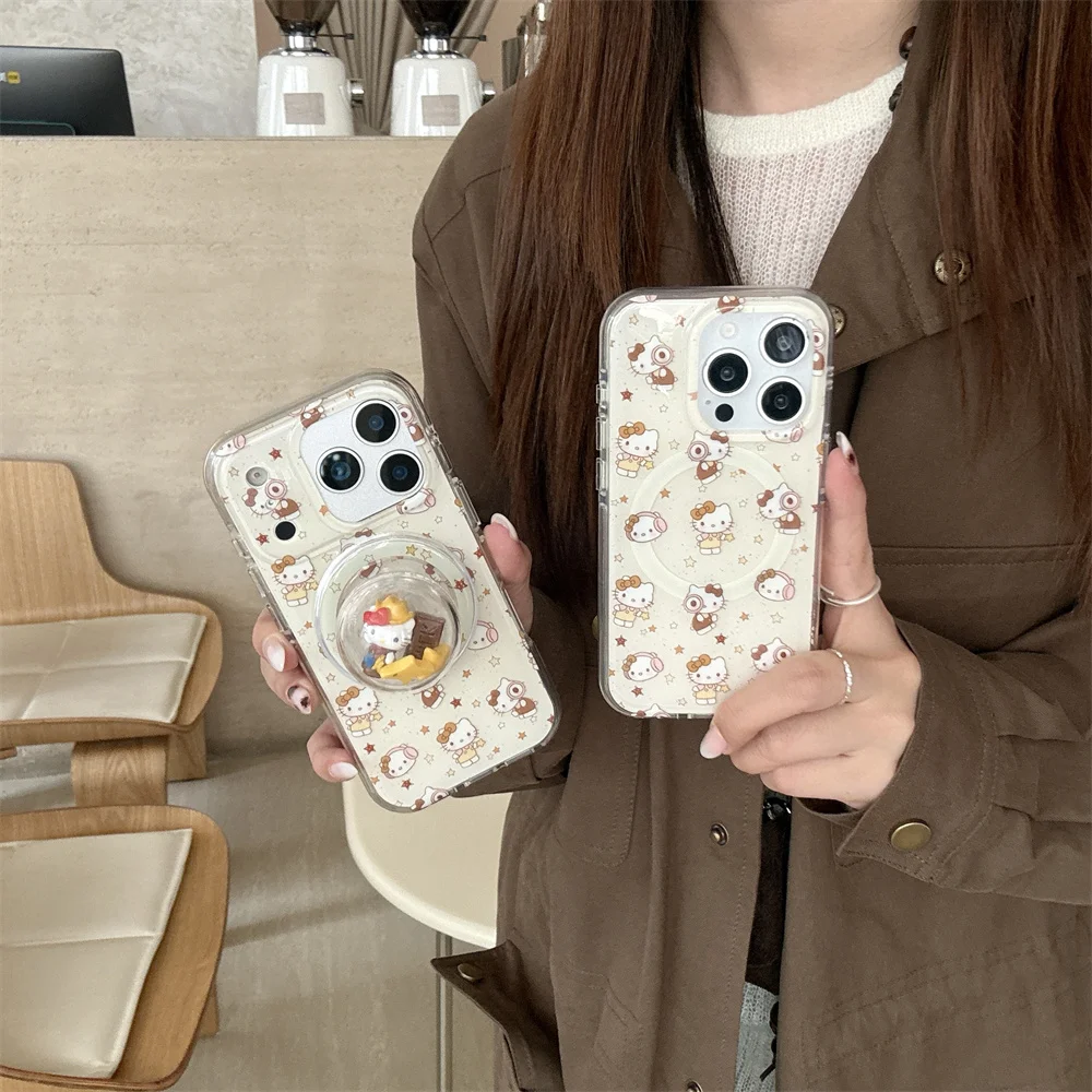 

Korean Cute Star Hellokitty With Magsafe Stand Phone Case For iPhone 17 Pro 15 16 14 Pro Max Back Cover Shockproof Cartoon Cases