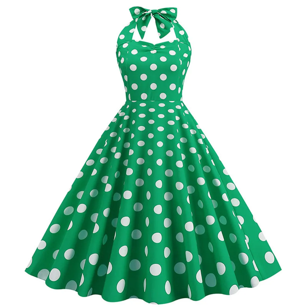 Süßes Polka Dot Neck holder Kleid Damen Vintage rücken freie Rücken Schleife Design Slim Fit Cinched Taillen kleid knielang bedruckte Vestido