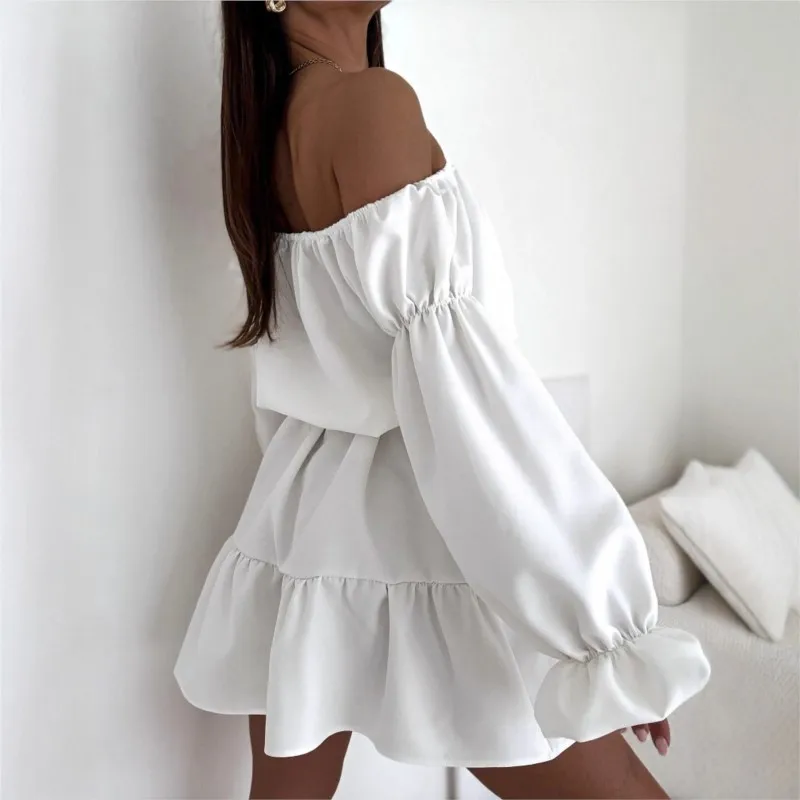 Women's Sexy Off Shoulder Mini Dress 2025 Autumn New Long Sleeve Elegant Solid Daily Holiday Belt Slim Ruffles Dress Robe Femme
