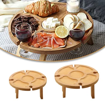 야외 휴대용 나무 접이식 피크닉 테이블, 거치대 라운드 접이식 책상, 와인 글라스 랙, 접이식 테이블, 정원 파티 캠핑  Best5