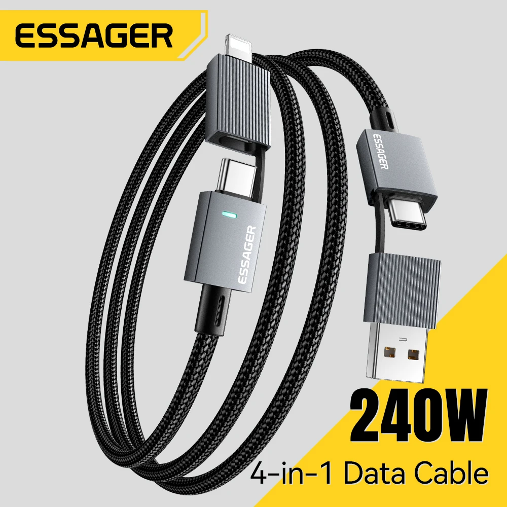 

Essager 4 в 1 USB-C зарядный кабель 240 Вт Кабель для быстрой зарядки для iPhone 17 16 15 Huawei MacBooke Tablets USB-подсветка Провод для передачи данных