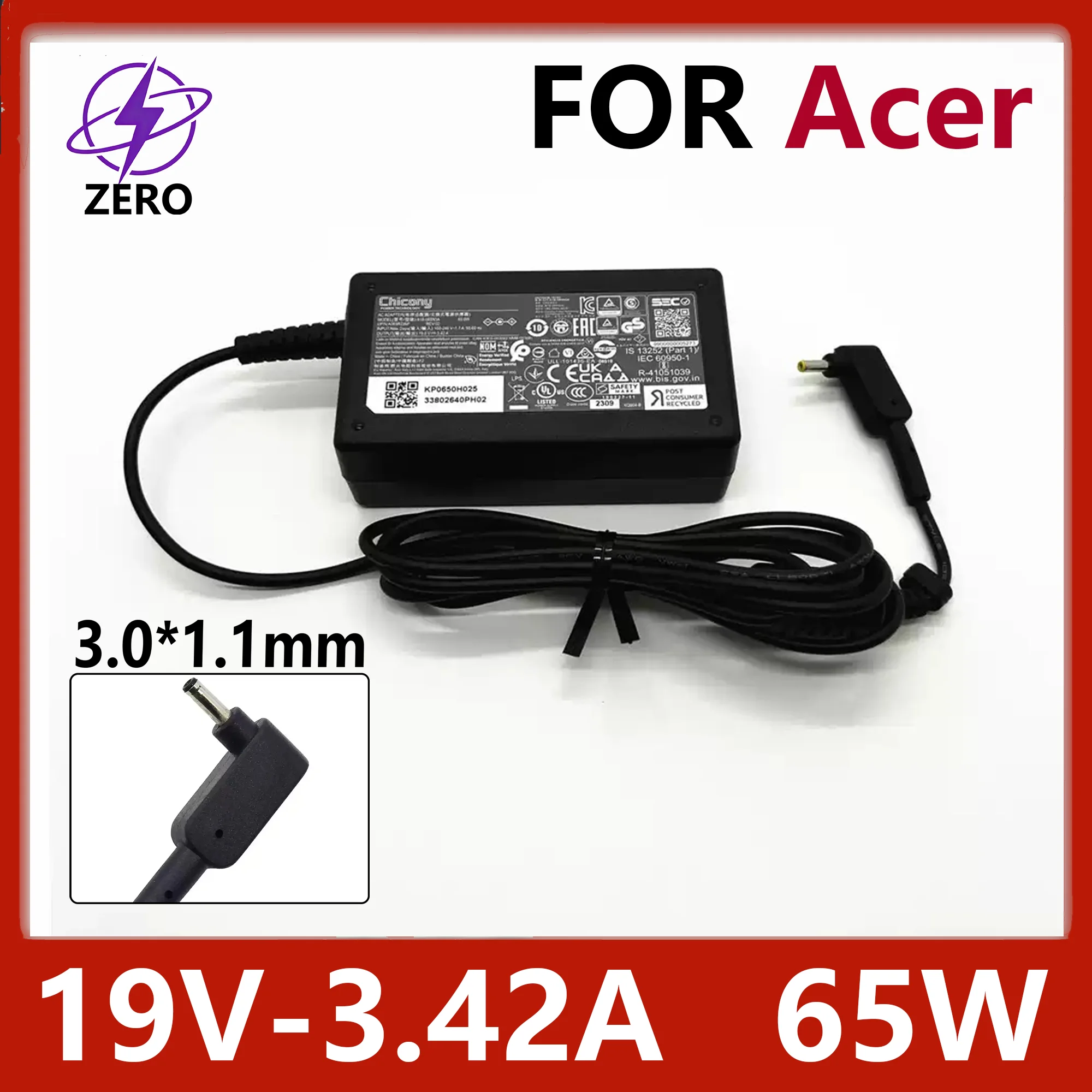 Original Chicony 65W 19V 3.42A 3.0*1.1mm Laptop Charger Power Adapter for Acer Aspire Sf3 S5 S7 S13 Tmp238 Travelmate X313