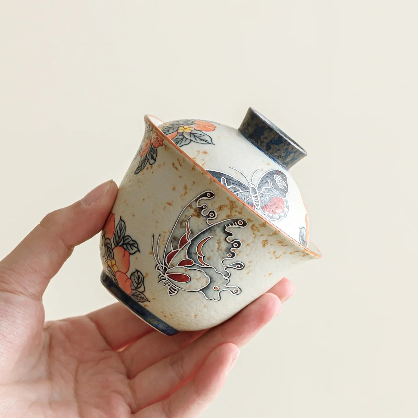 Caramel Glazed Peach Butterfly Dance Ingot Cover Bowl Ceramic Ercai Cover Bowl Household Kung Fu Tea Set Chinese Retro Tea Bowl