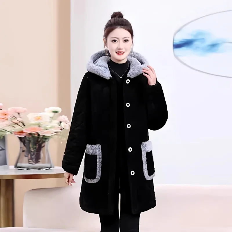 

Winter Plush Coat Fashionable Single Breasted Thick Warm Homewear Women Hooded Outerwear With Pockets For Mothers w1021