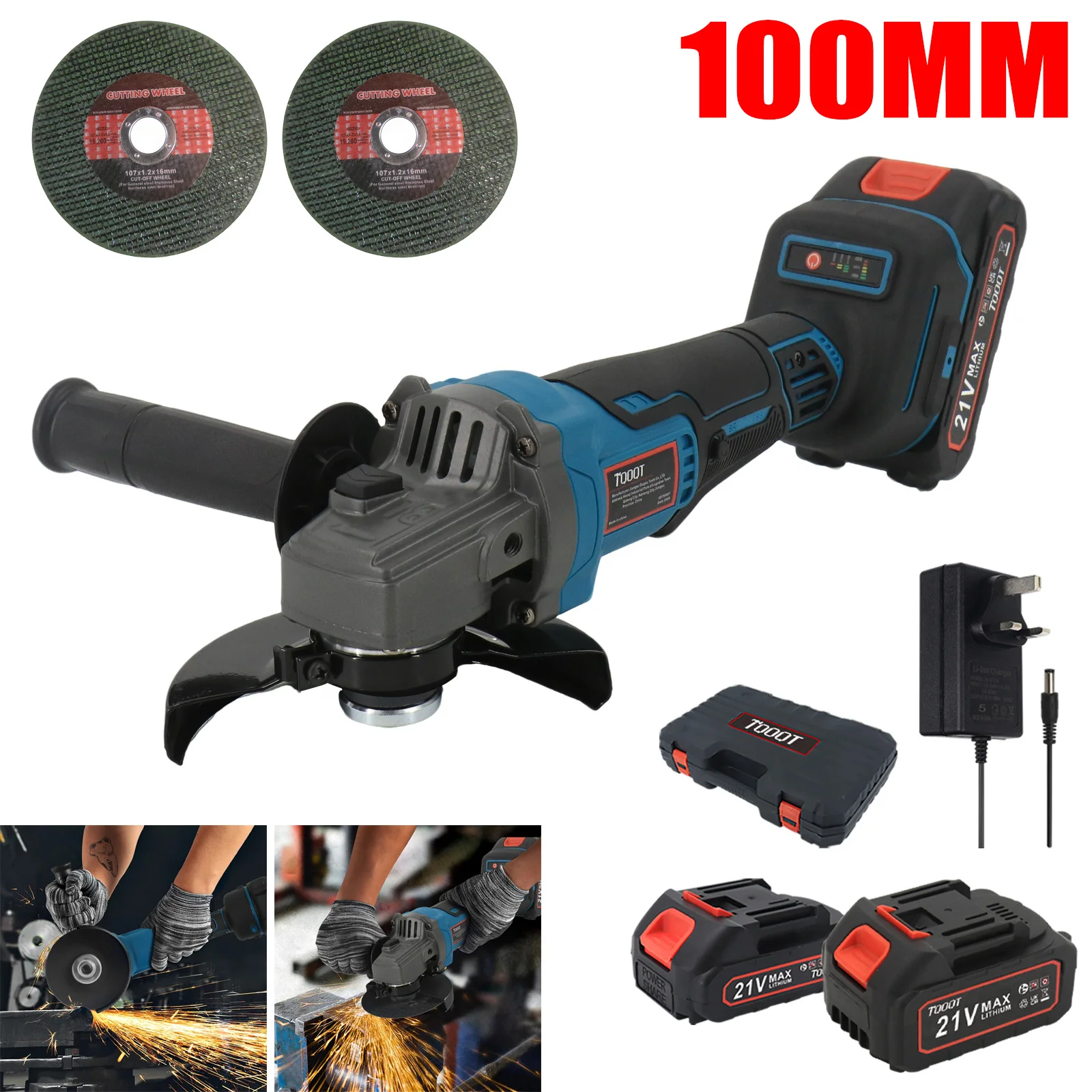 21V 100mm Electric Cordless Angle Grinder, Brushless Angle Grinder Electric Power Tools 2 Batteries with Auxiliary Handle