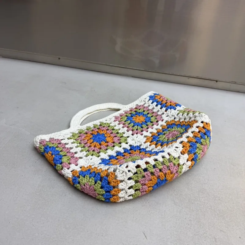Ethnic Style Handmade Cotton Crocheted Tote Large Capacity Bohemian Floral  Knitted Handbag Summer Seaside Beach Shopping Bag