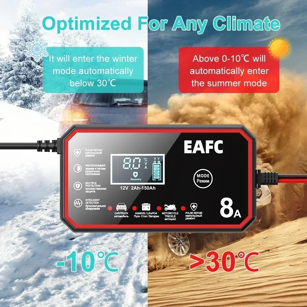 12V 8A Inteligentní nabíječka autobaterií Pulzní nabíječka autobaterií Opravy motocyklových baterií Nabíječka baterií pro nákladní automobily GEL olověná kyselina - náhled 5