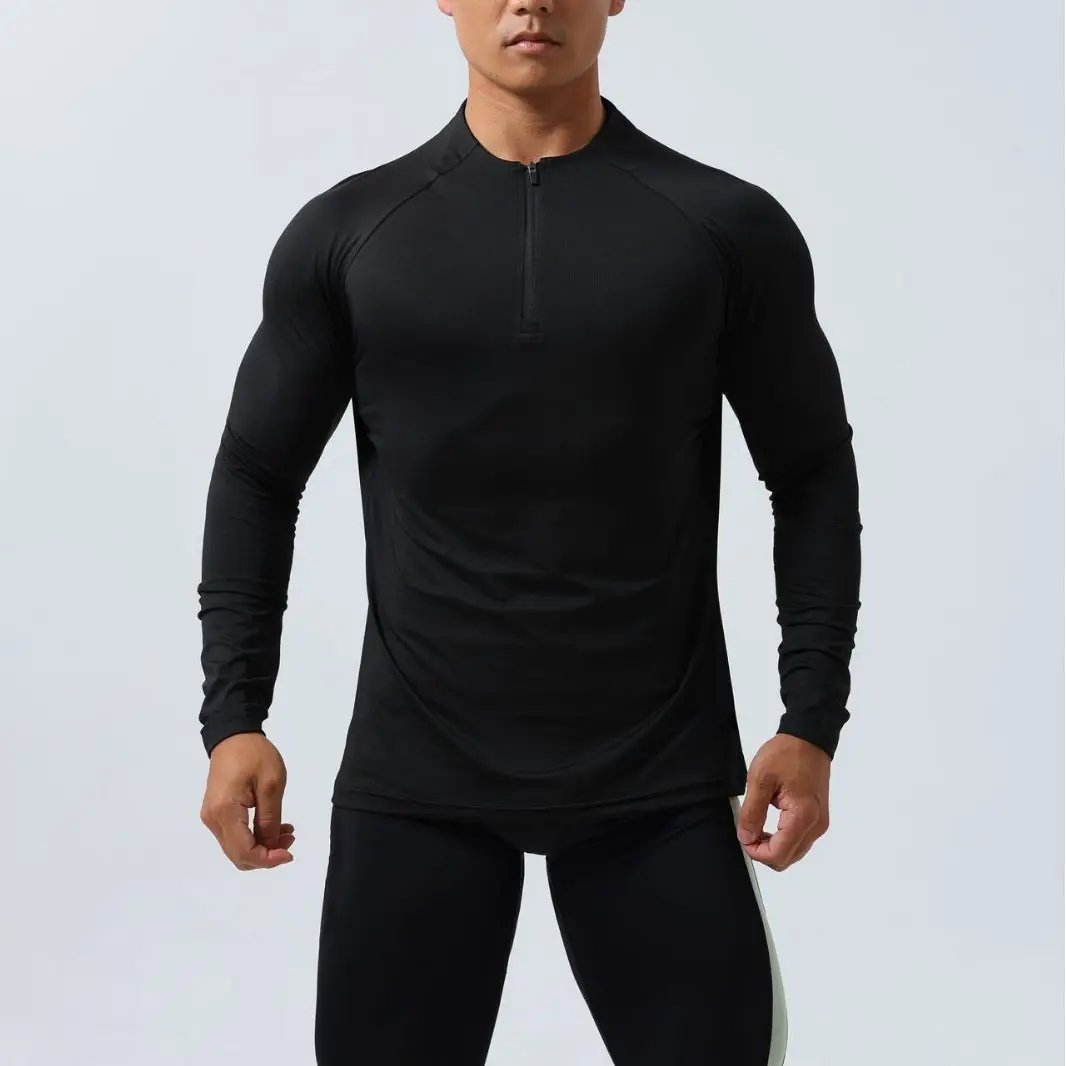 Men\'s Autumn Zipper Elastic Tight Long Sleeve Outdoor Breathable Sports Fitness Leisure Running Training Youth Warm Solid Color