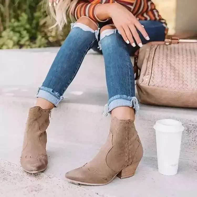 Leather Boots Women Genuine Pointed Toe Mid Heel Ankle Boots Thick Square Heel Slip On Western Boots Cowboy Boots Women New