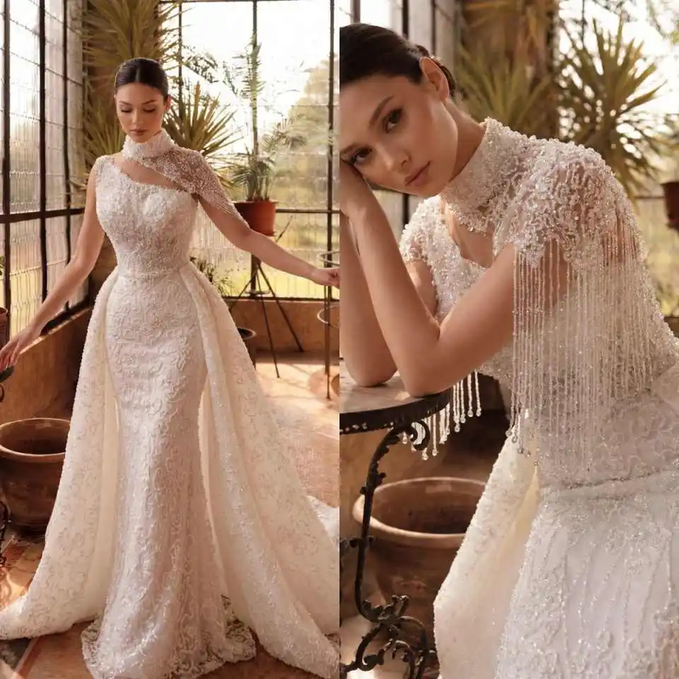 

Exquisite Sequins Wedding Dresses Sleeveless Detachable Train Mermaid Bridal Gowns Tassel Beaded Vestidos De Novia
