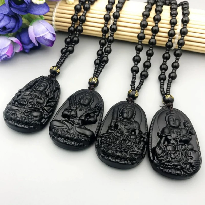 Obsidian Stone Buddha Beads Chain Necklace Imitate Jade Buddhism Bodhisattva Amulet Talisman Jewelry For Women Men Protect Lucky