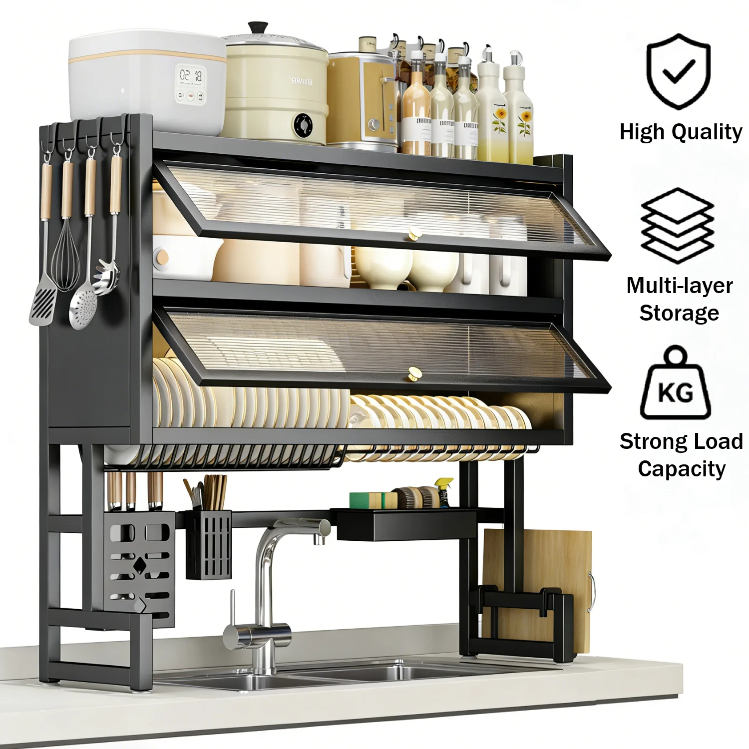 Égouttoir de rangement de cuisine 2/3 niveaux pour évier, organisateur de vaisselle anti-poussière pour assiettes, bols et planches à découper