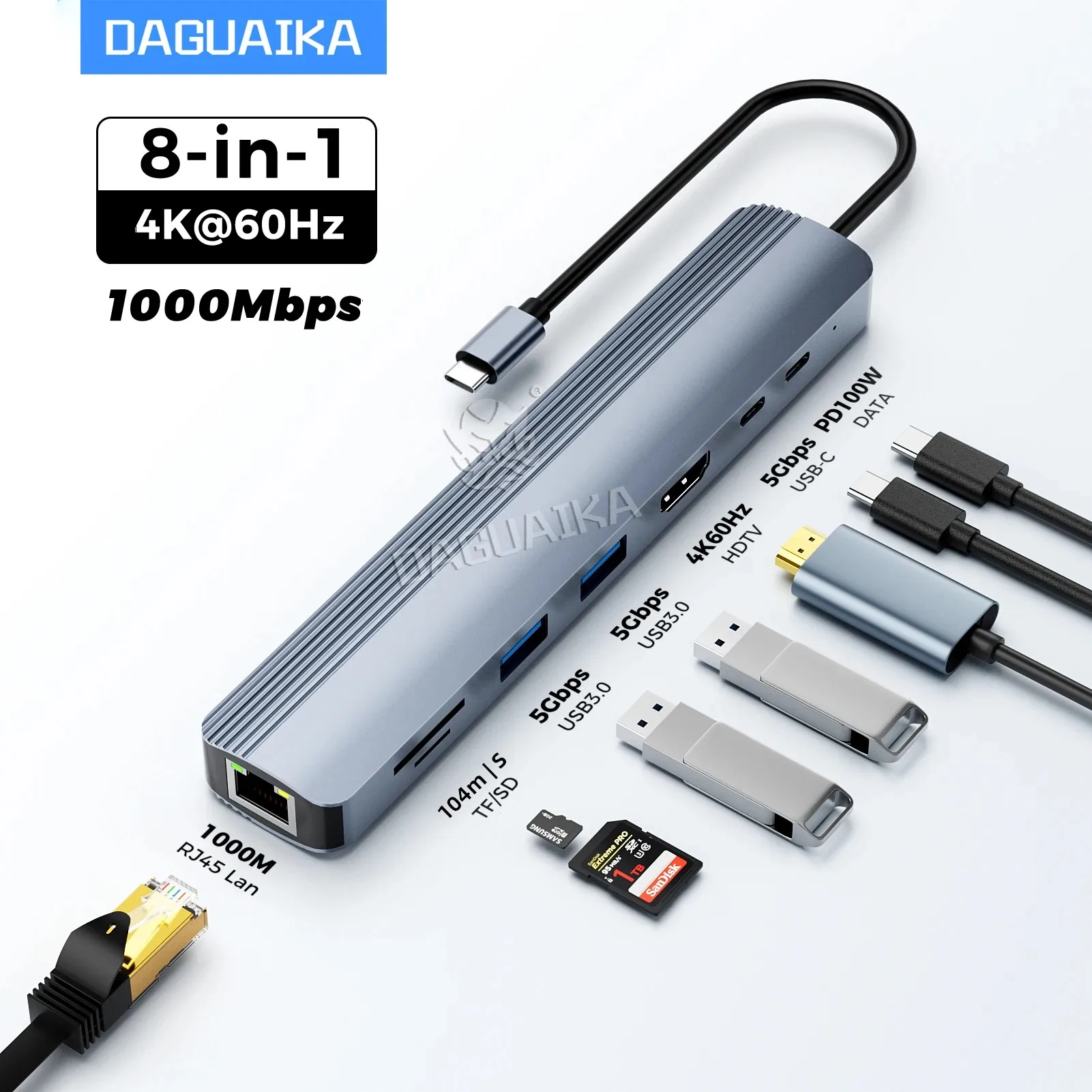

8-in-1 USB C Hub Docking Station with 1000Mbps Ethernet HDTV 4K60Hz 2 USB3.0 2 USB-C Ports Adapter PD 100W Max Charging Data