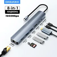 Estación de acoplamiento Hub USB C 8 en 1 con Ethernet de 1000Mbps HDTV 4K60Hz 2 USB3.0 2 puertos USB-C adaptador PD 100W datos de carga máxima