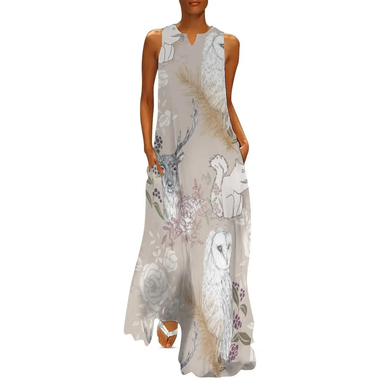 

woodland animals pattern Long Dress Long veiled dresses womans clothing dress dresses Dress