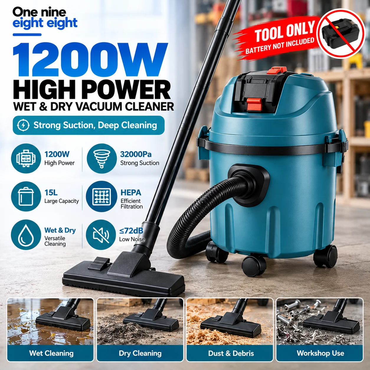 Cordless Wet Dry Vacuum Cleaner 1200W 15L HEPA High Power Workshop Dust Cleaner Compatible with Makita Battery Tool Only