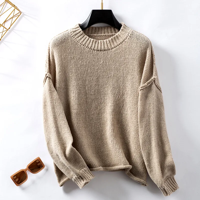 

Khaki Round Neck Sweater Women Lantern Sleeve Knit Sweaters Long Sleeve Knit Top Casual Pullover Sweater