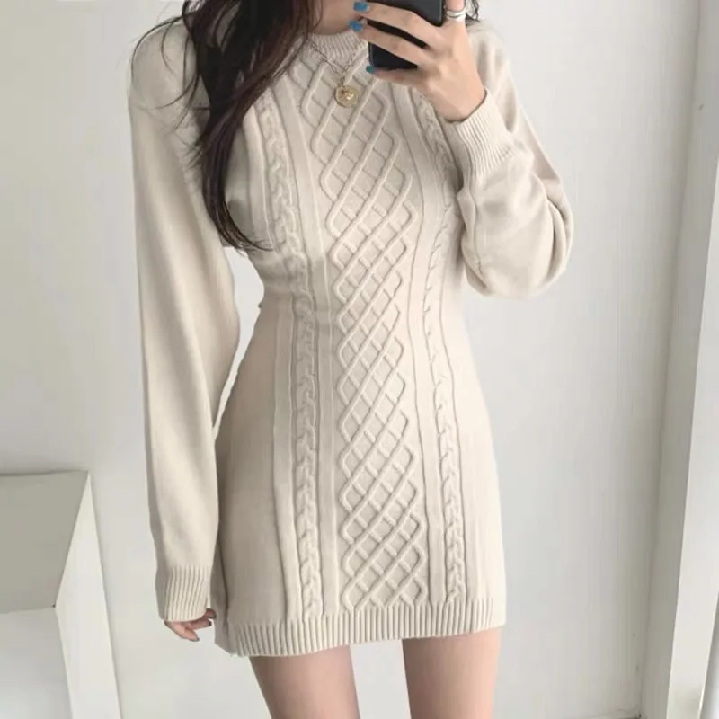 

Autumn and winter temperament round neck diamond cut backless slim-fit wrap buttock knitted dress female trend