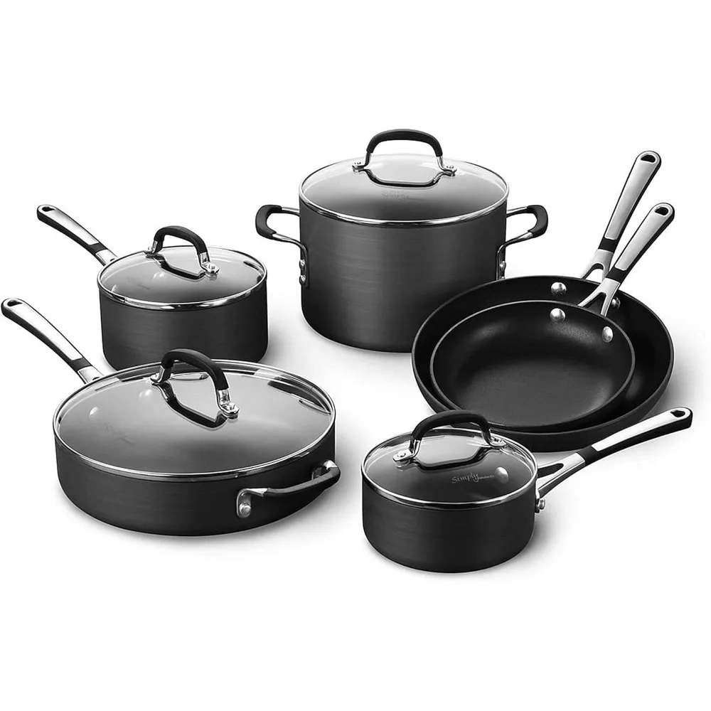 

10-Piece Non-Stick Kitchen Cookware Set, Black Pots & Pans with Stay-Cool Stainless Steel Handles, Hard-Anodized Aluminum