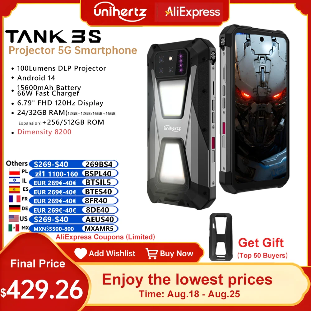 

Unihertz Tank 3s 8849 5G Cellphone with Projector 24+256GB 32+512GB Dimension 8200 Mobile Phone 66W Charger 15600mAh 64MP Phone