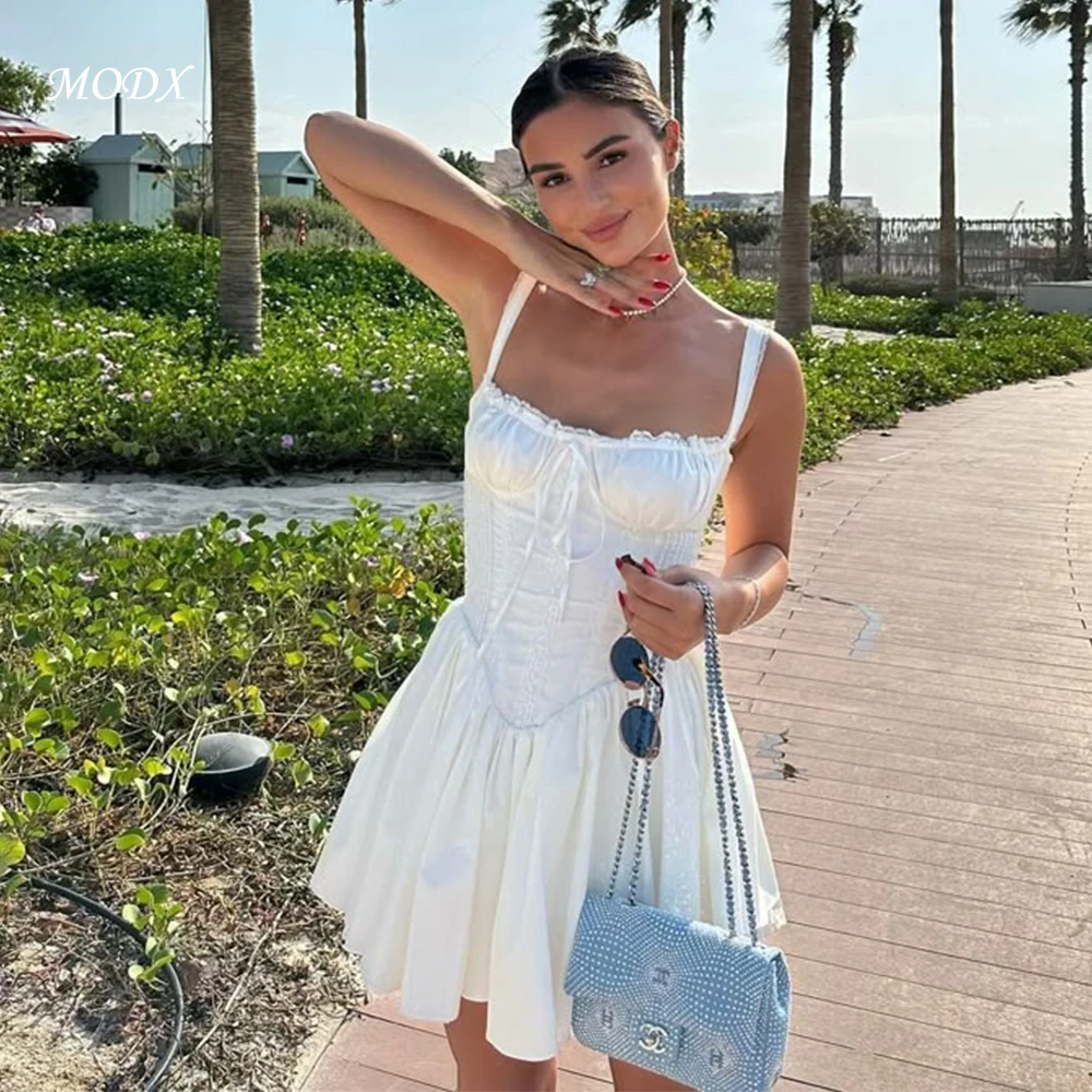MODX Simple Ivory Spaghetti Strap Corset Waist Lace Mini Dress A-Line Summer Party Beach Holiday Gown for Women Romantic