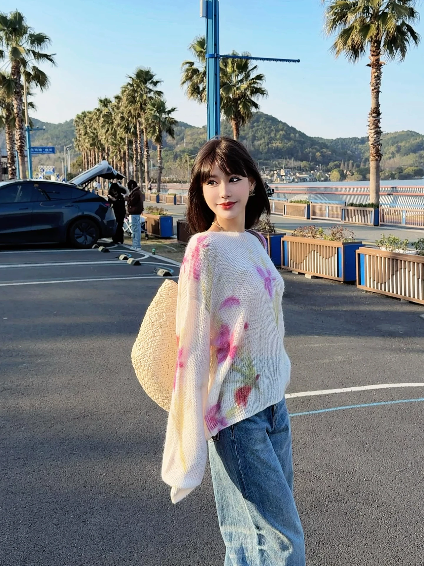 

Hand-Painted Print Soft Wool Camere Women's Knitted Sweater Thin Casual Sle Long Sve Plant Floral Pattern Spring New