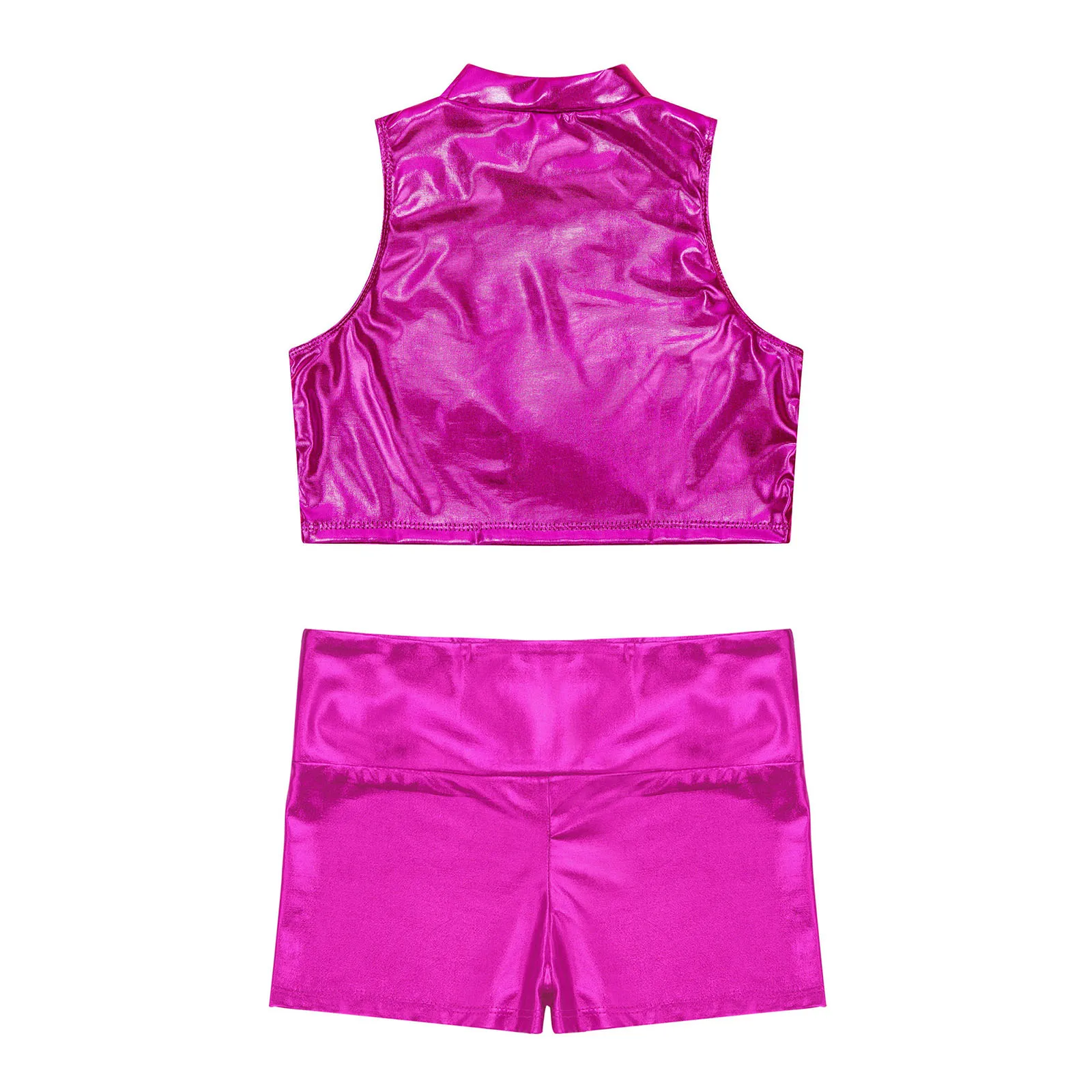 Kids Girls 2-Piece Dance Outfits Shiny Metallic Mock Neck Crop Top with Booty Shorts Gymnastic Training Exercise Activewear