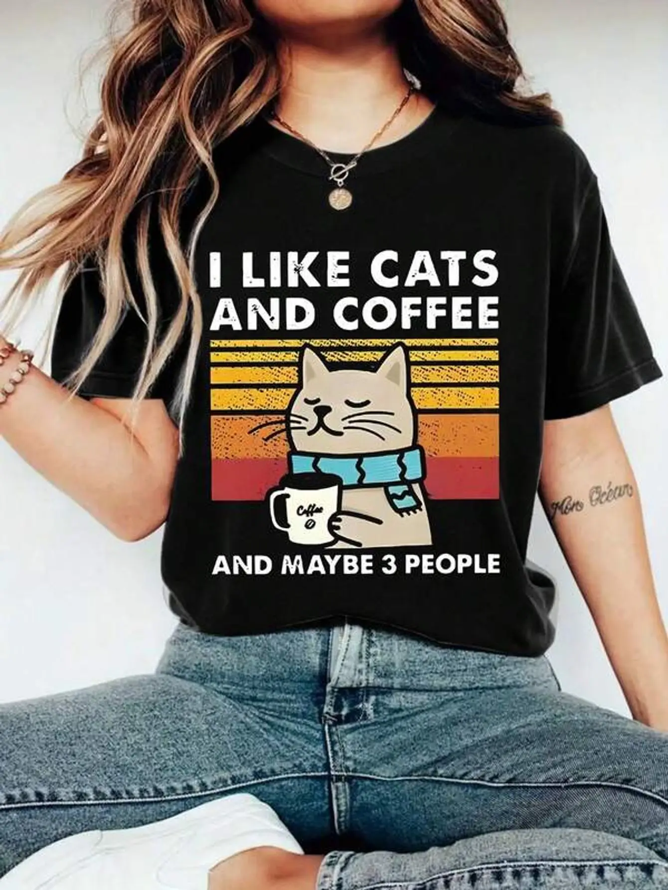 Hewang Cat & Coffee Print Crew Neck T-Shirt, Short Sleeve Casual Top For Spring & Summer, Women's Clothing Black