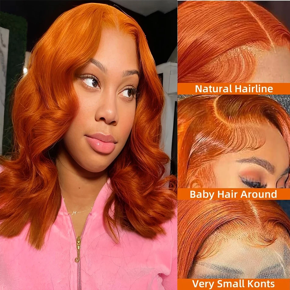 الجسم موجة الزنجبيل البرتقالي شعر مستعار قصير 4x4 HD الدانتيل الشفاف إغلاق الباروكات 200 الكثافة 100% البرازيلي الشعر البشري 350 الباروكات الملونة