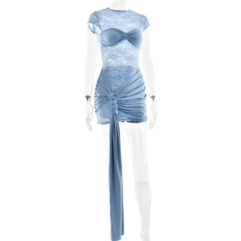 2025年夏新作　トレンドセクシーレースカットアウトシースルーリボンタイディテールボディコンミニドレス レディース