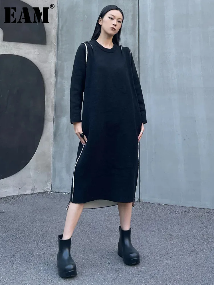 

[EAM] Women Black Big Size Irregular Topstitched Knitting Thick Midi Dress New Round Neck Long Sleeve Autumn Winter 2024 1DH2676