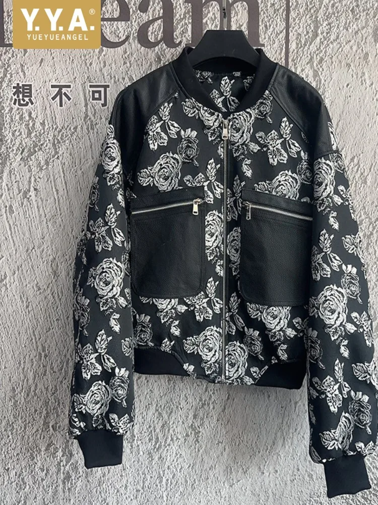 

Hot Sale Women Loose Zipper Spliced Jacket Tops Stand Collar Printed Outerwear Long Sleeve Casual Short Baseball Jackets Coat