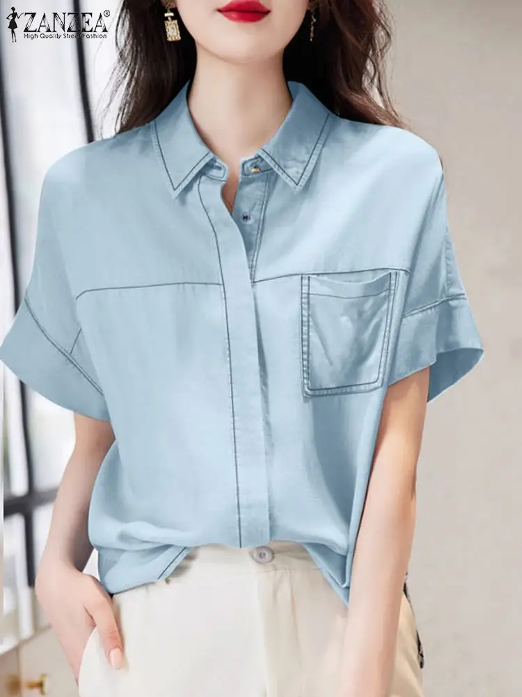 ZANZEA-Blusa con cuello vuelto para mujer, camisa informal holgada de manga corta, Color liso, moda coreana, verano, 2024