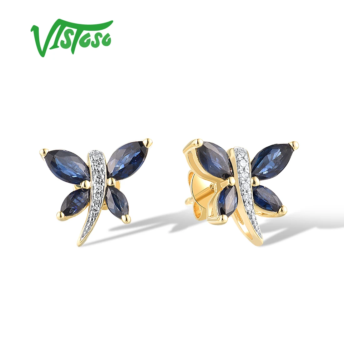 VISTOSO Real 14K 585 White Rose Gold Earrings For Women Sparkling Diamonds Blue Sapphire Wedding Anniversary Chic Fine Jewelry