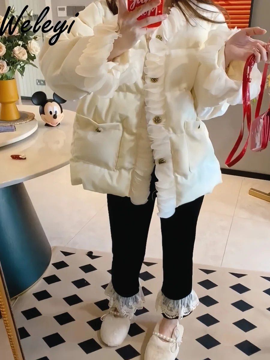 Sweet Cream White Bud Velvet Coat Woman Large Size Korean Style Women's Ruffled Clothing Warm Thick Cotton Jacket Female 2024