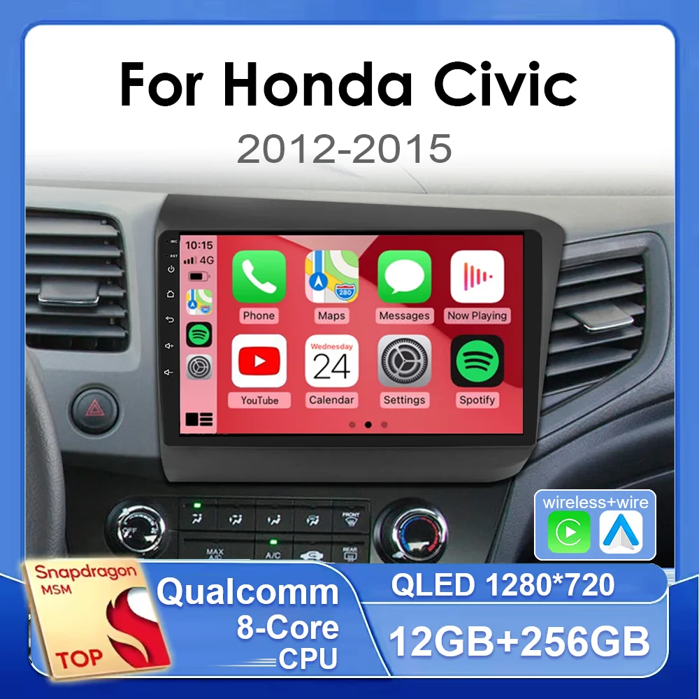 Автомобильный радиоприемник Android 15 для Honda Civic 2012 2013 2014 2015, беспроводной CarPlay Android Auto DSP, автомобильный мультимедийный GPS-регистратор, головное устройство