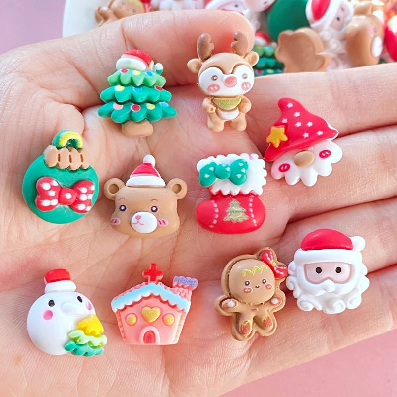 20Pcs New Cute Mini Christmas Collection Resin Figurine Crafts Flatback Cabochon Ornament Jewelry Making Hairwear Accessories