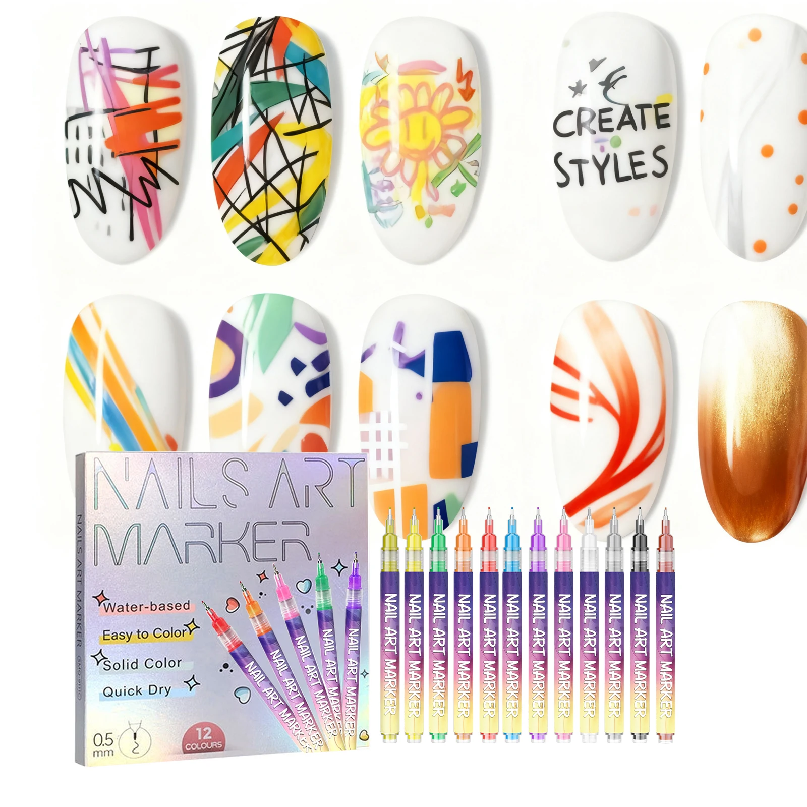 12 Color Nail Art Graffiti Pen Set Waterproof Quick Dry Nail Design Drawing Manicure Markers Multi Vivid Colors Nail Art Tools
