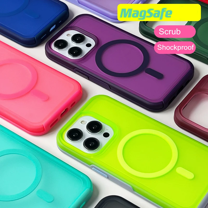 Neon color anti-fall Magnetic MagSafe Case for iphone 15 13 14pro 14 15Pro 15pro max Wireless Charging shockproof Frosted cover