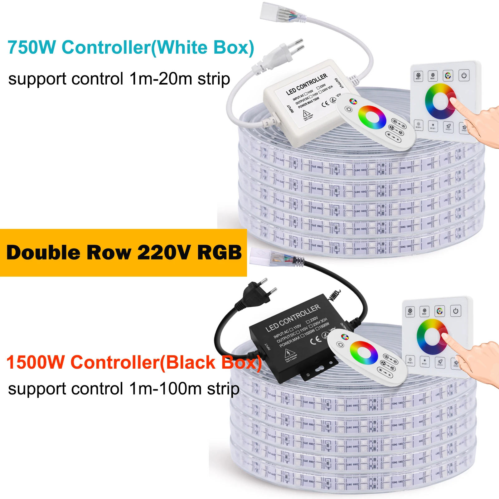 Светодиодная лента 220 В переменного тока RGB 5050SMD, водонепроницаемая гибкая декоративная осветительная лента, лампа с двойным сенсорным пультом дистанционного управления, разъем питания