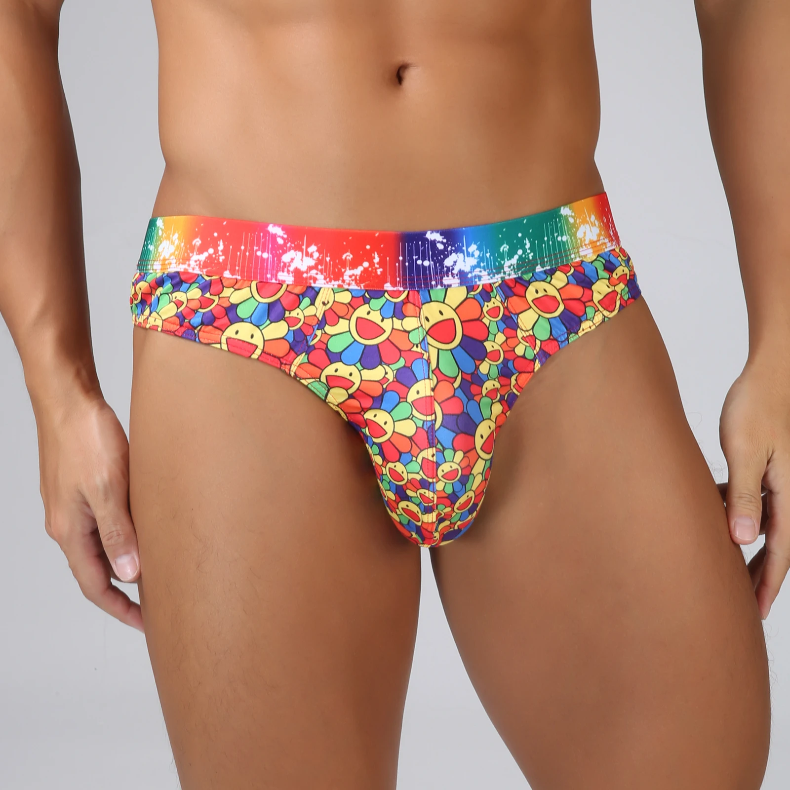 

Мужские сексуальные стринги с низкой талией, дышащее нижнее белье с принтом подсолнечника, трусики с выпуклым мешочком, милые трусы с широким поясом из мультфильма